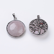 Natural Rose Quartz Pendants, Flat Round, Antique Silver, 31.5x27x9mm, Hole: 5x8mm(G-E436-02G)