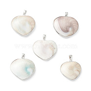 Natural Sea Shell Pendants, Heart Charms, with Platinum Plated Brass and Alloy Findings, 32.5~37.5x32~39x8~11mm, Hole: 4x6.5mm(SHEL-F005-02P)