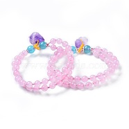 Natural Rose Quartz Stretch Multi-strand Charm Bracelets, with Dyed Jade, Acrylic & Amethyst Beads, Alloy Findings, Pink, 2 inch~2-1/8 inch(5.2~5.3cm)(BJEW-I260-16)