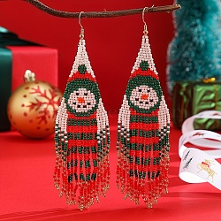 Christmas Snowman Tassel Dangle Earrings, Glass Beads Handmade Jewelry, Platinum, Red, 140x35mm(HE6609)