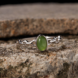 925 Sterling Silver with Natural Jade Finger Rings, Antique Silver, Oval, Inner Diameter: 20mm(WGB2E64-31)