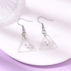 Triangle Shell Pearl Dangle Earrings, with 304 Stainless Steel and Brass Earring Findings, Platinum, 44x24mm(EJEW-JE06769)