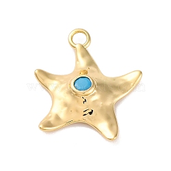 Summer Beach Brass Pave Dyed Synthetic Turquoise Pendants, Starfish Charms, Long-Lasted Plated, Real 14K Gold Plated, 18x15.5x3.5mm, Hole: 1.8mm(KK-U042-15G)