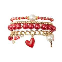 4Pcs 4 Style Glass & Shell Pearl Beaded Stretch Bracelets Set, Aluminium Twisted Curb Chain Valentine's Day Bracelets with Alloy Enamel Heart Charms, Crimson, Inner Diameter: 2-1/8~2-3/8 inch(5.25~6cm), 1Pc/style(BJEW-TA00289)