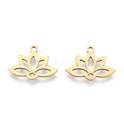201 Stainless Steel Pendants, Laser Cut, Hollow, Lotus, Real 18K Gold Plated, 14x18.5x1mm, Hole: 1.6mm(STAS-N090-JA698-G)