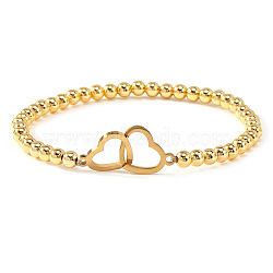 Interlocking Heart 304 Stainless Steel Link Bracelets, Brass Round Beads Stretch Bracelets for Women, Golden & Silver, 6.89 inch(17.5cm)(ZF9724-5)