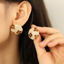 304 Stainless Steel Enamel Stud Earrings, Hollow Flower, PapayaWhip, 24x24mm(EJEW-S254-02B-G)