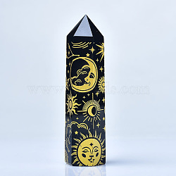 Sun & Moon Pattern Natural Obsidian Display Decoration, Healing Stone Wands, for Reiki Chakra Meditation Therapy Decos, Bullet/Hexagonal Prism, Yellow, 70~80mm(WG16568-02)