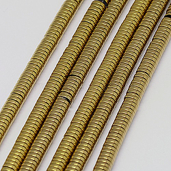 Electroplate Non-magnetic Synthetic Hematite Beads Strands, Heishi Beads, Flat Round/Disc, Grade A, Golden Plated, 2x1mm, Hole: 1mm, about 400pcs/strand, 16 inch(X-G-J164A-2mm-07)