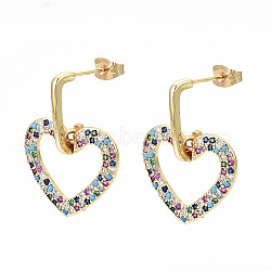 Brass Micro Pave Cubic Zirconia Dangle Stud Earrings, with Earring Backs, Nickel Free, Heart, Real 16K Gold Plated, Colorful, 27.5mm, Pin: 0.8mm(EJEW-S208-130A-NF)