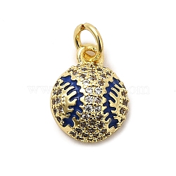Rack Plating Brass Pendants, with Cubic Zirconia and Enamel, Baseball Charms, Long-Lasting Plated, Lead Free & Cadmium Free, with Jump Ring, Real 18K Gold Plated, Medium Blue, 12.5x10x5mm, Hole: 3.5mm(X1-KK-A268-17G-02)