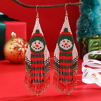 Christmas Snowman Tassel Dangle Earrings, Glass Beads Handmade Jewelry, Platinum, Red, 140x35mm