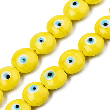 Handmade Evil Eye Lampwork Beads Strands, Flat Round, Yellow, 14~16x16~17x8.5~9mm, Hole: 1mm, about 25pcs/strand, 14.96 inch(38cm)