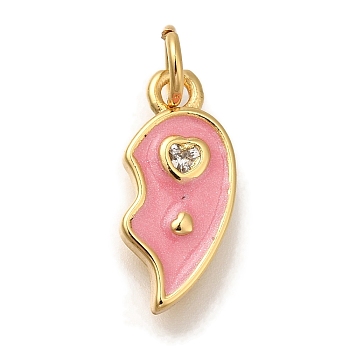 Rack Plating Brass Micro Pave Cubic Zirconia Pendants, with Enamel, Cadmium Free & Lead Free, Long-Lasting Plated, Real 18K Gold Plated, Heart, Hot Pink, 15x7x2mm, Hole: 3mm