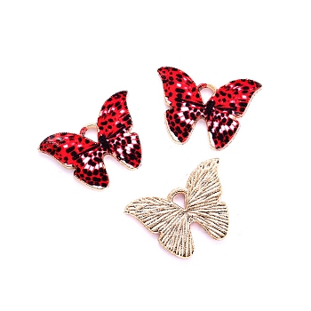 Alloy Enamel Pendants, Butterfly Charms, Light Gold, Red, 21x15mm