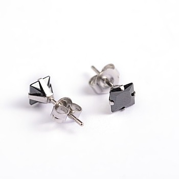 Square Cubic Zirconia Stud Earrings, with 304 Stainless Steel Pins, Black, 6.5x6mm, Pin: 0.9mm