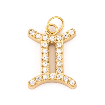 316 Stainless Steel Micro Pave Cubic Zirconia Pendants, with Jump Rings, Real 18K Gold Plated, 12 Constellation Charm, Real 18K Gold Plated, Gemini, 12.5x9.5x2mm, Hole: 2.5mm