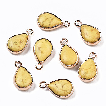 Synthetic Turquoise Pendants, with Light Gold Plated Brass Edge, Teardrop, Dyed, Yellow, 18~19x10.5x5mm, Hole: 2mm