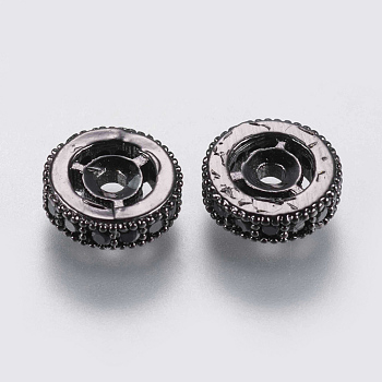 Brass Micro Pave Cubic Zirconia Beads, Flat Round, Black, Gunmetal, 8x2.5mm, Hole: 1.2mm