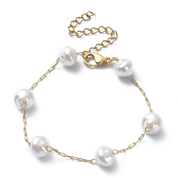 ABS Plastic Imitation Pearl Beaded Chain Bracelet, 304 Stainless Steel Jewelry for Women, Light Gold, 6-5/8 inch(16.7cm)