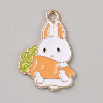 Alloy Enamel Pendants, Light Gold, Rabbit with Carrot Charm, Orange, 28x18.5x1.5mm, Hole: 2.3mm