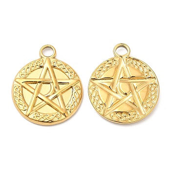 304 Stainless Steel Pendants, Flat Round with Star Charm, Real 18K Gold Plated, 20x17x2mm, Hole: 3mm