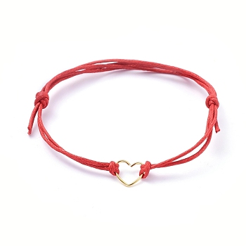 Adjustable Waxed Cotton Cord Bracelets, Red String Bracelets, with 304 Stainless Steel Heart Jump Ring, Red, 1-5/8 inch~3-1/2 inch(4~9cm)