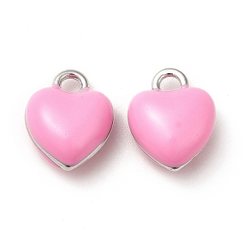 Rack Plating Alloy Enamel Charms, Cadmium Free & Lead Free, Platinum, Heart Charms, Pearl Pink, 13.5x11x6.5mm, Hole: 2.2mm