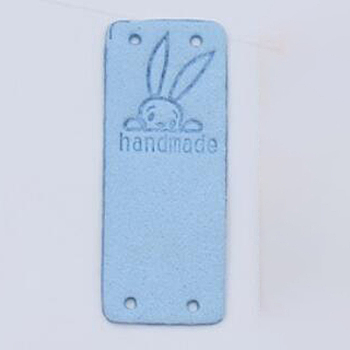 Microfiber Leather Labels, Handmade Embossed Tag, with Holes, for DIY Jeans, Bags, Shoes, Hat Accessories, Rectangle with Rabbit Pattern, Light Sky Blue, 50x20mm