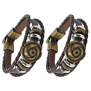 Leather Wide Cord Multi-Strand Bracelets, Alloy Rose Flower Bracelets, Cuff Wristband Arm Guard for Men Women, Coconut Brown, 7-1/2x7/8x1/4 inch(19x2.2x0.78cm)