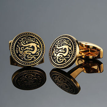 Brass Enamel Flat Round with Dragon Cufflinks, for Apparel Accessories, Golden, 20mm