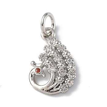 Brass Micro Pave Cubic Zirconia Charms, with Jump Ring, Peacock Charms, Platinum, 14.5x10x2mm, Hole: 3mm