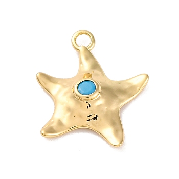 Summer Beach Brass Pave Dyed Synthetic Turquoise Pendants, Starfish Charms, Long-Lasted Plated, Real 14K Gold Plated, 18x15.5x3.5mm, Hole: 1.8mm