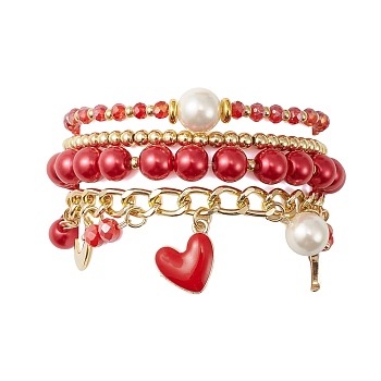 4Pcs 4 Style Glass & Shell Pearl Beaded Stretch Bracelets Set, Aluminium Twisted Curb Chain Valentine's Day Bracelets with Alloy Enamel Heart Charms, Crimson, Inner Diameter: 2-1/8~2-3/8 inch(5.25~6cm), 1Pc/style