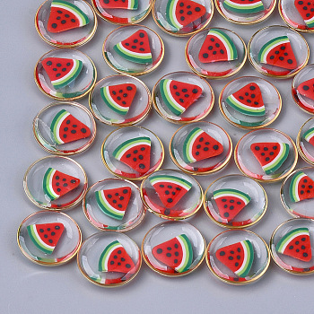 Epoxy Resin Cabochons, with Polymer Clay Inside and Brass Findings, Flat Round with Watermelon Pattern, Light Gold, Red, 18x5mm