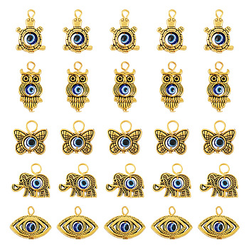 Tibetan Style Alloy Pendant, with Evil Eye Resin Bead, Antique Golden, 16~24mm, Hole: 2.5~3mm, 5pcs/set