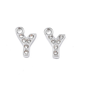 304 Stainless Steel Charms, with Crystal Rhinestone, Letter, Letter.Y, 10~10.5x2~8x2mm, Hole: 1.2mm