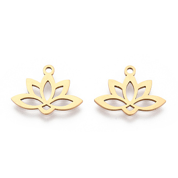 201 Stainless Steel Pendants, Laser Cut, Hollow, Lotus, Real 18K Gold Plated, 14x18.5x1mm, Hole: 1.6mm