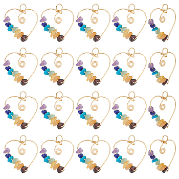 20Pcs Chakra Gemstone Chip Copper Wire Wrapped Pendants, Heart Charms, Light Gold, 29x34x9mm, Jump Ring: 7x0.7mm, Inner diameter: 5.6mm