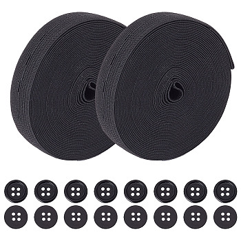 20Pcs Dyed Resin Flat Round Buttons, with 2 Rolls Flat Elastic Rubber Band, for Webbing Garment Sewing Accessories, Black, Button: 13x2mm, Hole: 1mm, 20pcs