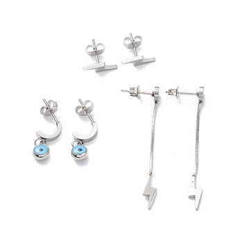 3 Pair 3 Style Enamel Evil Eye Dangle Stud Earrings, 304 Stainless Steel Lightning Bolt Tassel Earrings for Women, Stainless Steel Color, 12~46mm, Pin: 1mm, 1 Pair/style