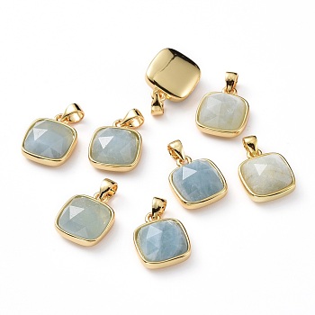 Natural Aquamarine Charms, with Golden Plated Brass Findings, Faceted Square, 13~13.5x11x5.5~6.5mm, Hole: 3x4.5mm