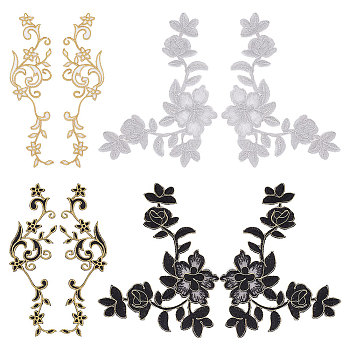 6 Pairs 4 Style Flower Polyester Computerized Embroidery Sew on Patches, Iron on Appliques, with Adhesive Back, for Wedding Dress, Mixed Color, 210x59~140x1.2~1.3mm