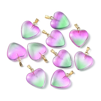 Two Tone Transparent Glass Pendants, with Golden Plated Iron Findings, Heart Charms, Medium Sea Green, 22x20.5x7mm, Hole: 6x2mm