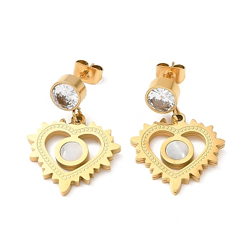 Ion Plating(IP) 304 Stainless Steel Hollow Heart Dangle Stud Earrings, Clear Cubic Zirconia & Natural Shell Drop Earrings, Golden, 25x17mm