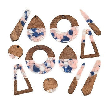 Walnut Wood & Transparent Resin Pendants, Mixed Shapes Charm, Pink, 18.5~49x12~38x2.5~3.5mm, Hole: 1.4~2mm, about 12pcs/set