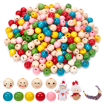 225Pcs 9 Styles Printed Wood European Beads, Large Hole Round Beads, Smiling Face Print Beads and Dyed Beads, Mixed Color, 19.5~20x17.5~18mm, Hole: 4.2~4.7mm, 25pcs/style