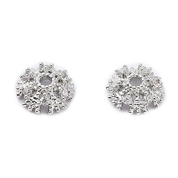 Rack Plating Brass Cubic Zirconia Bead Cap, Flower, Real Platinum Plated, 7~7.5x2.6mm, Hole: 1.2~1.4mm