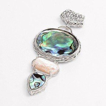Paua Shell & White Shell Big Pendants, with Brass Scarf Bail Findings, 68x31x6mm, Hole: 7x3mm