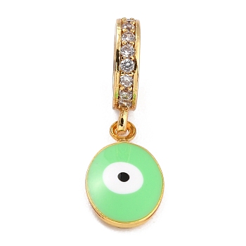 Brass Micro Pave Clear Cubic Zirconia European Dangle Charms, with Enamel, Long-Lasting Plated, Flat Round with Evil Eye, Golden, Green, 20mm,  Flat Round: 11x6.5x3mm, Hole: 5mm